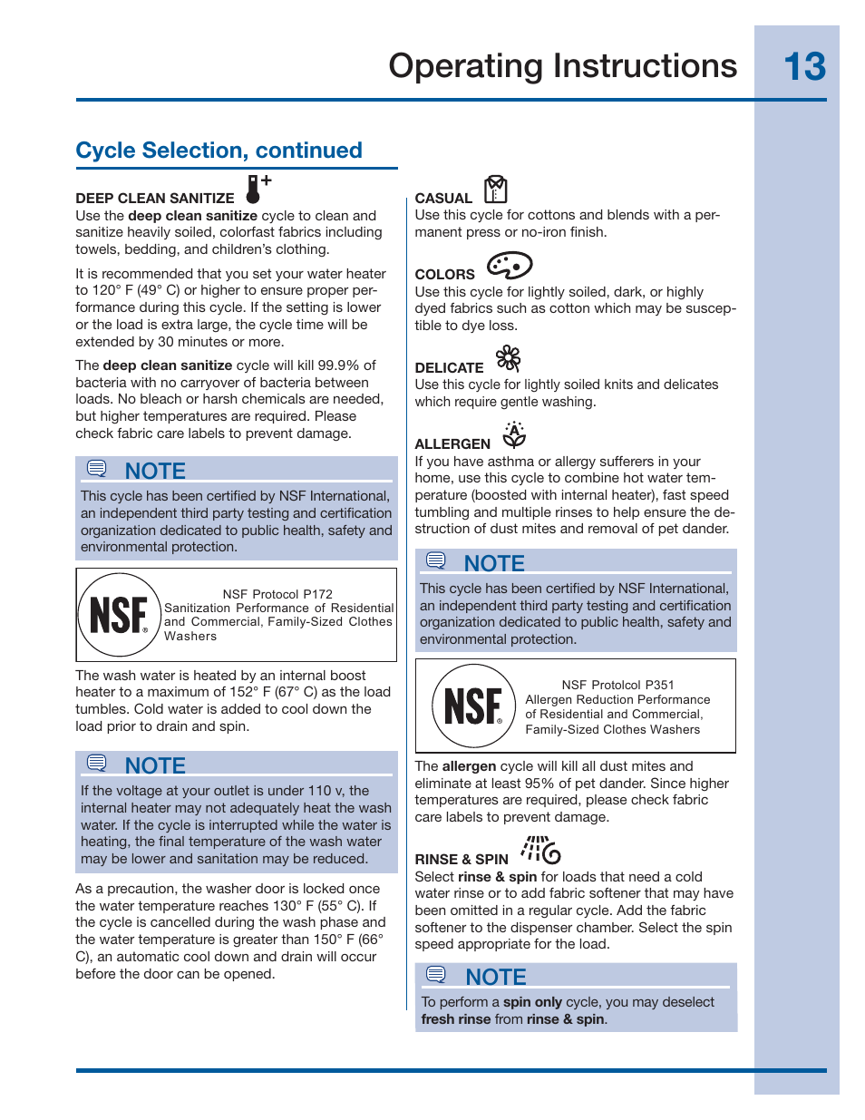 Operating instructions, Cycle selection, continued | Electrolux IQ-TOUCH 137378100 A User Manual | Page 13 / 30