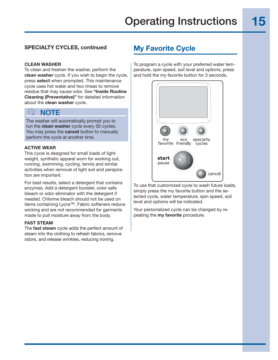 Operating instructions, My favorite cycle | Electrolux IQ-TOUCH 137378100 A User Manual | Page 15 / 30