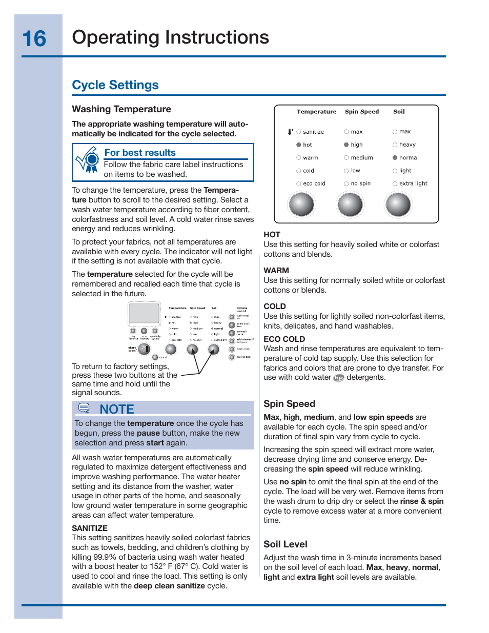 Operating instructions, Cycle settings | Electrolux IQ-TOUCH 137378100 A User Manual | Page 16 / 30