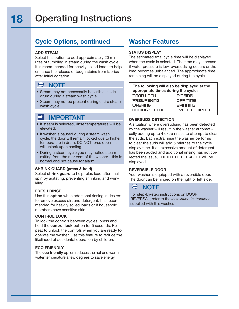 Operating instructions, Cycle options, continued, Important | Washer features | Electrolux IQ-TOUCH 137378100 A User Manual | Page 18 / 30