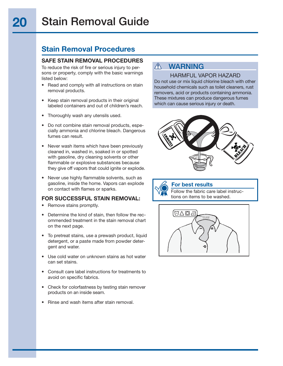 Stain removal guide, Stain removal procedures warning | Electrolux IQ-TOUCH 137378100 A User Manual | Page 20 / 30