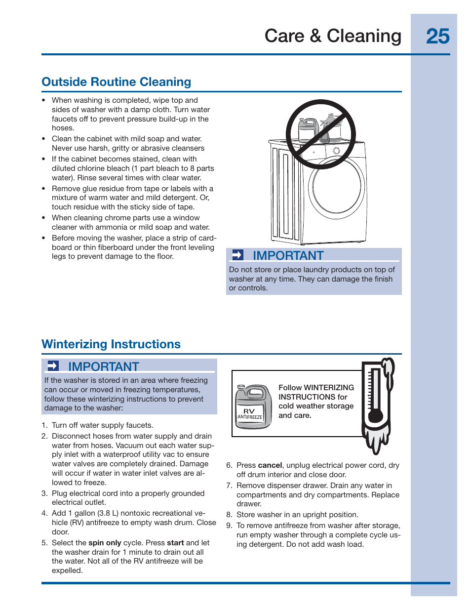 Care & cleaning, Important, Outside routine cleaning | Winterizing instructions | Electrolux IQ-TOUCH 137378100 A User Manual | Page 25 / 30