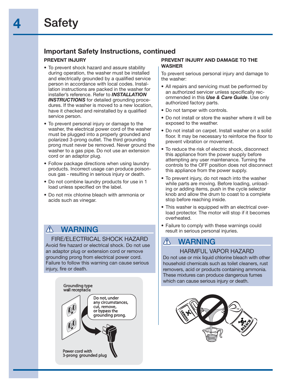 Safety, Warning, Important safety instructions, continued | Electrolux IQ-TOUCH 137378100 A User Manual | Page 4 / 30