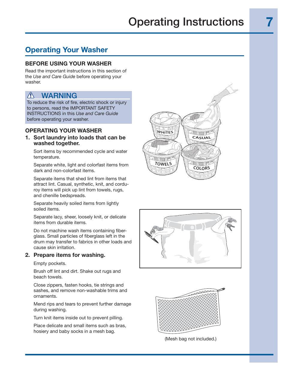 Operating instructions, Operating your washer warning | Electrolux IQ-TOUCH 137378100 A User Manual | Page 7 / 30