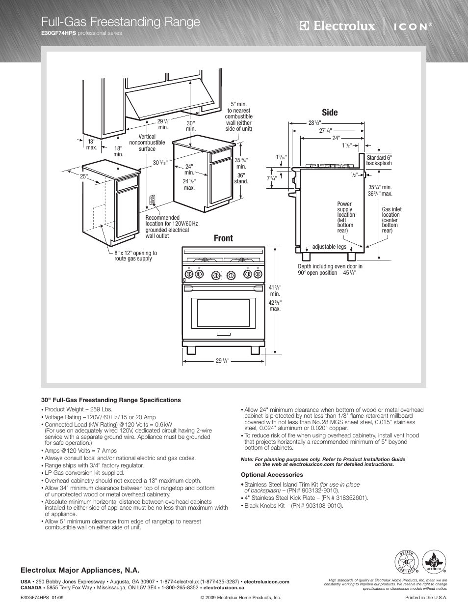 Full-gas freestanding range, E30gf74hps, Front | Side | Electrolux E30GF74HPS User Manual | Page 2 / 2