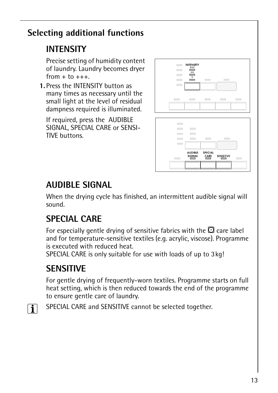 Selecting additional functions intensity, Audible signal, Special care | Sensitive | Electrolux LAVATHERM 57810 User Manual | Page 13 / 32