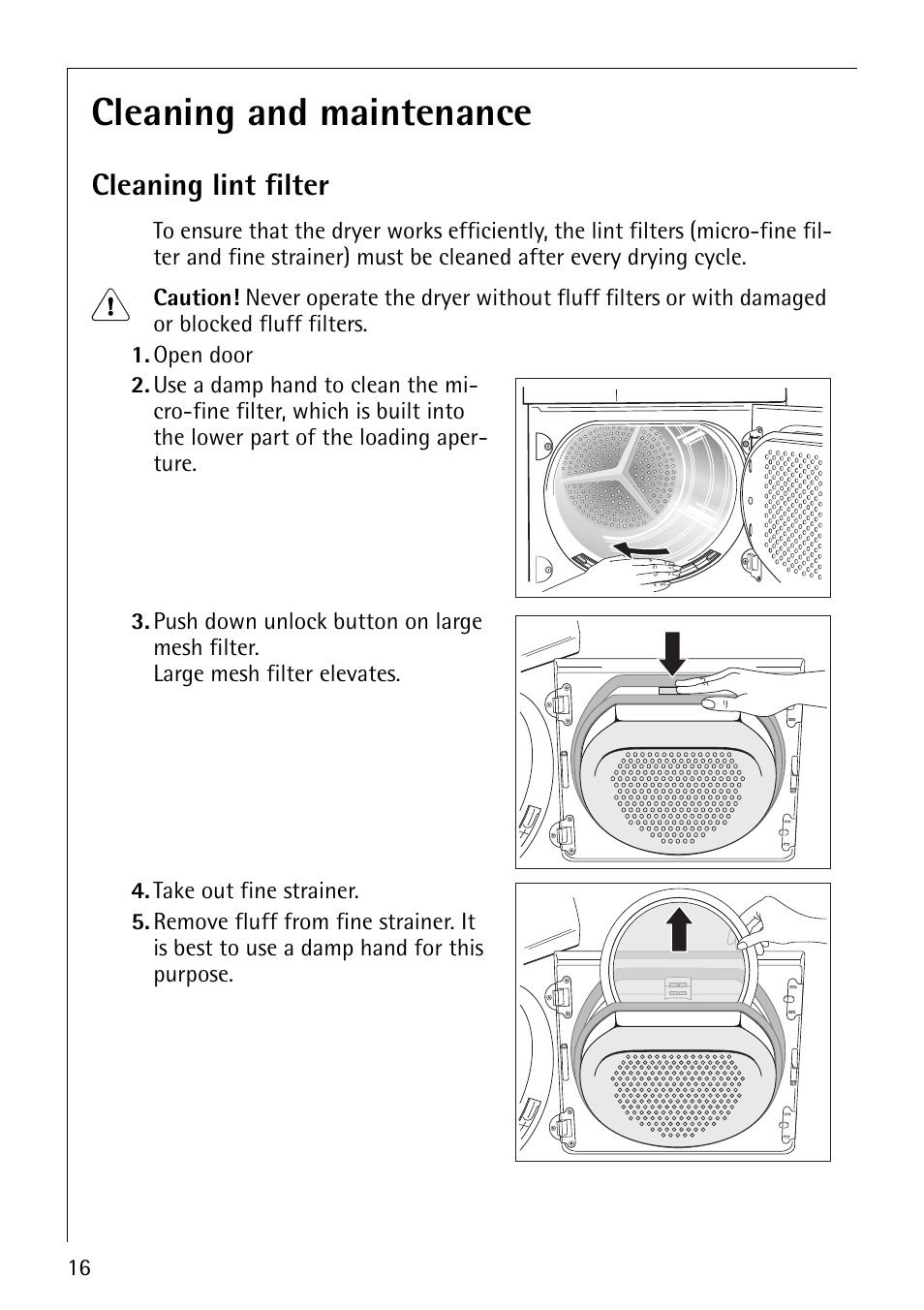 Cleaning and maintenance, Cleaning lint filter | Electrolux LAVATHERM 57810 User Manual | Page 16 / 32