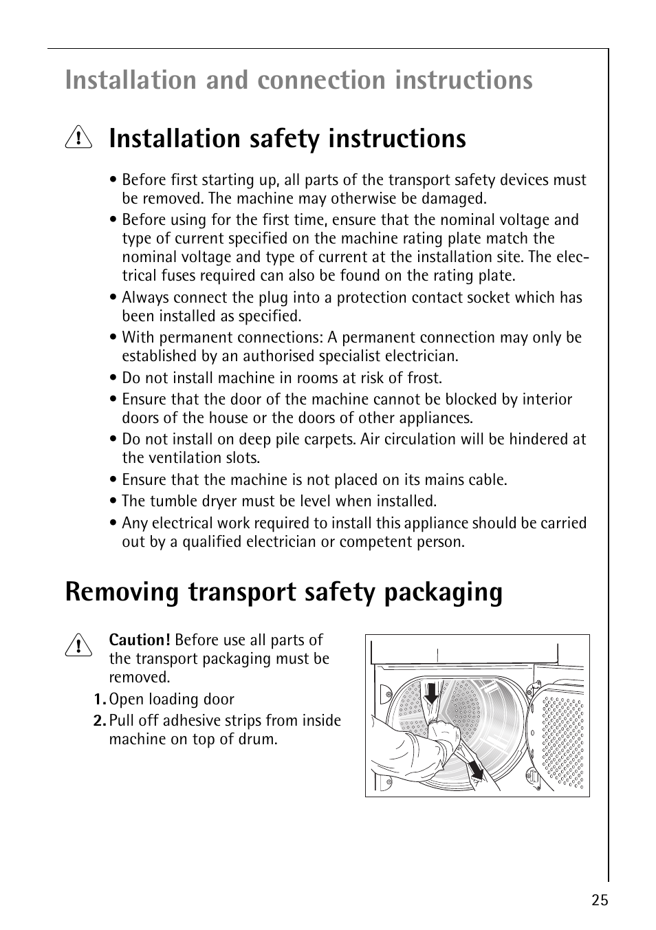 Removing transport safety packaging 1 | Electrolux LAVATHERM 57810 User Manual | Page 25 / 32