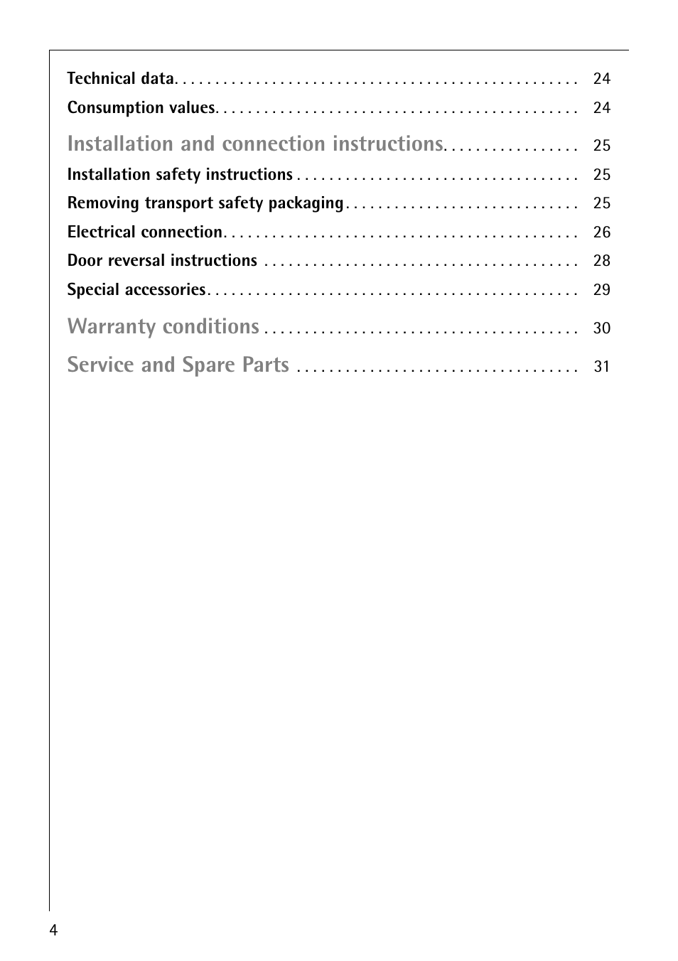 Installation and connection instructions, Warranty conditions, Service and spare parts | Electrolux LAVATHERM 57810 User Manual | Page 4 / 32