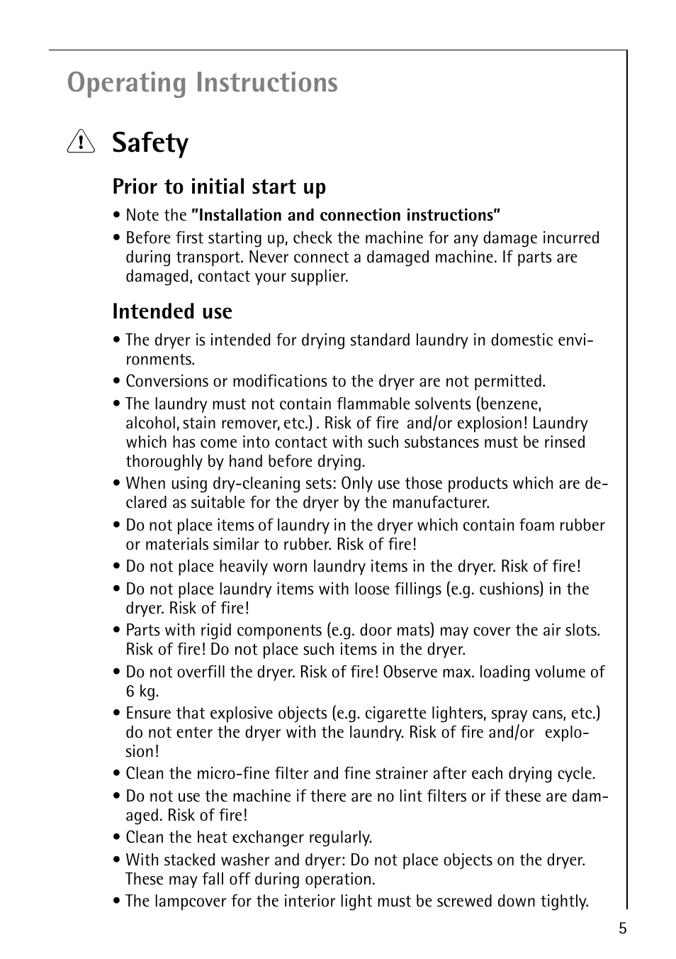 Operating instructions 1 safety, Prior to initial start up, Intended use | Electrolux LAVATHERM 57810 User Manual | Page 5 / 32