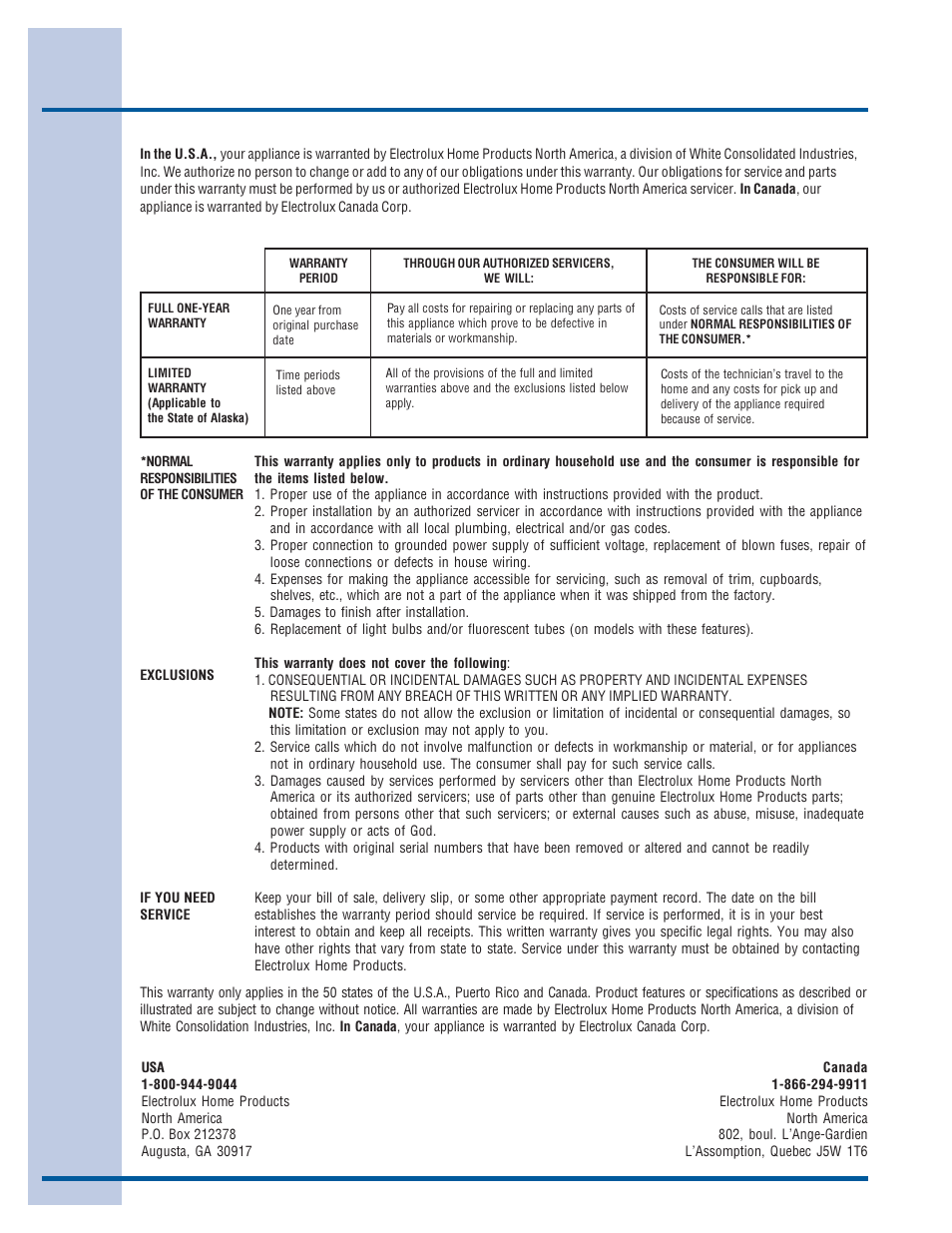 Warranty information | Electrolux DFKTWC75GS User Manual | Page 18 / 20