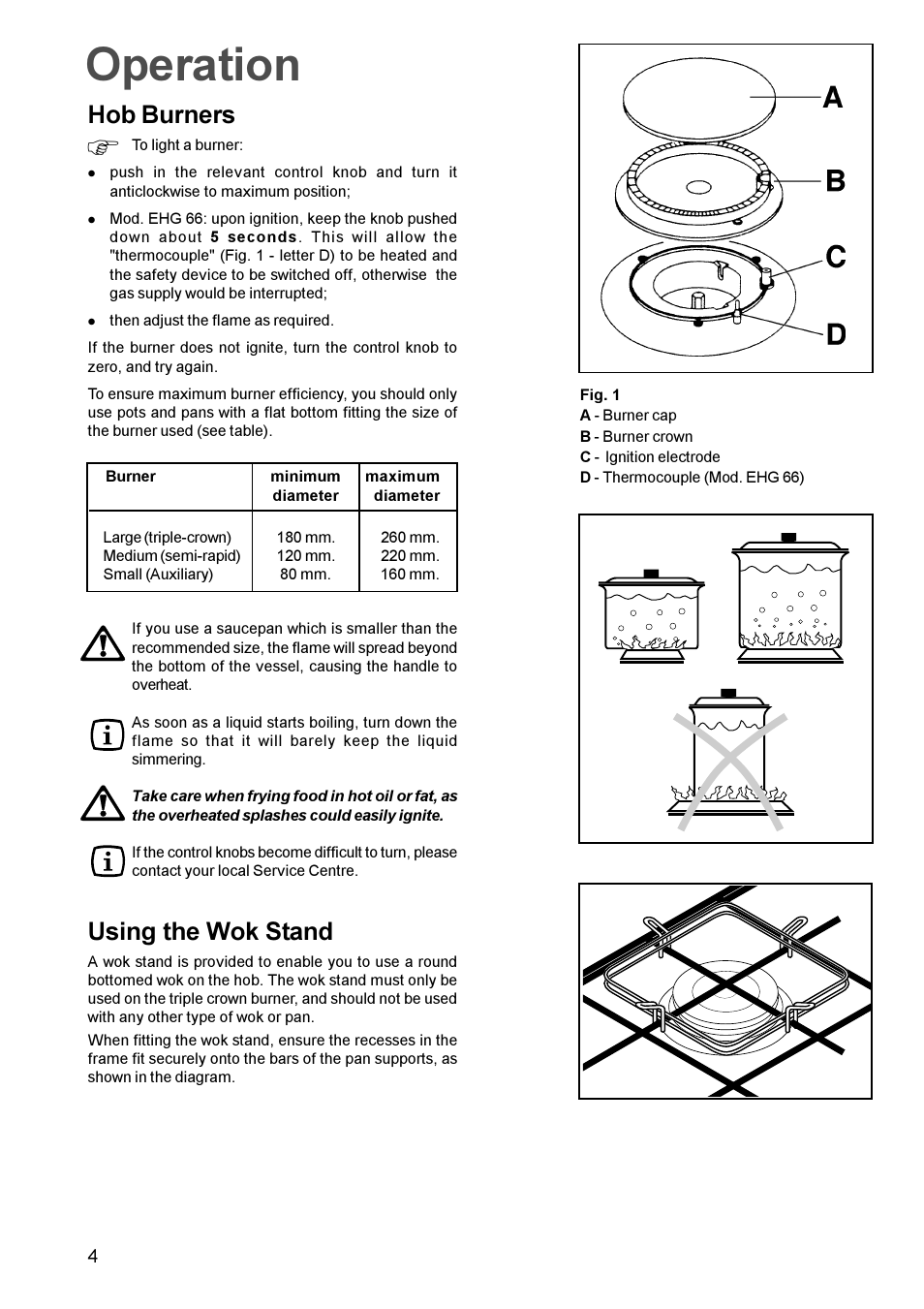 Operation, Hob burners, Using the wok stand | Electrolux EHG 65 User Manual | Page 4 / 12