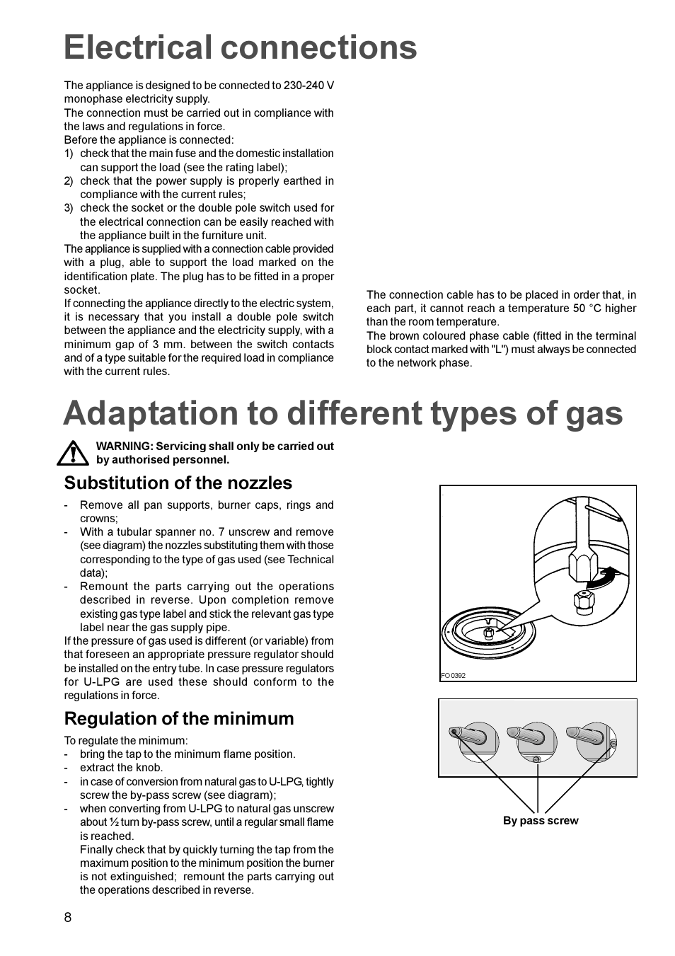 Electrical connections, Adaptation to different types of gas, Substitution of the nozzles | Regulation of the minimum | Electrolux EHG 65 User Manual | Page 8 / 12