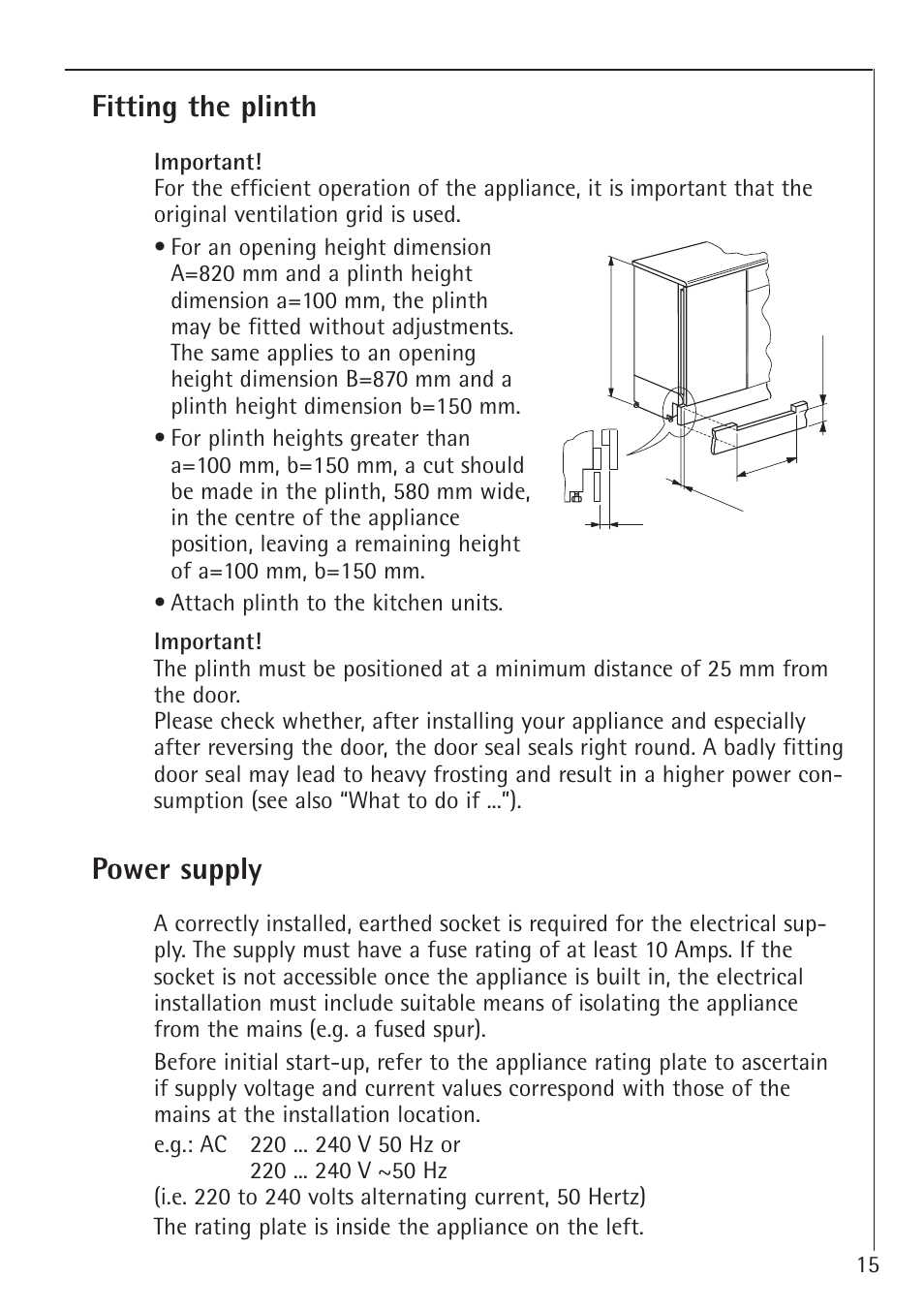 Fitting the plinth, Power supply | Electrolux 66050i User Manual | Page 15 / 32