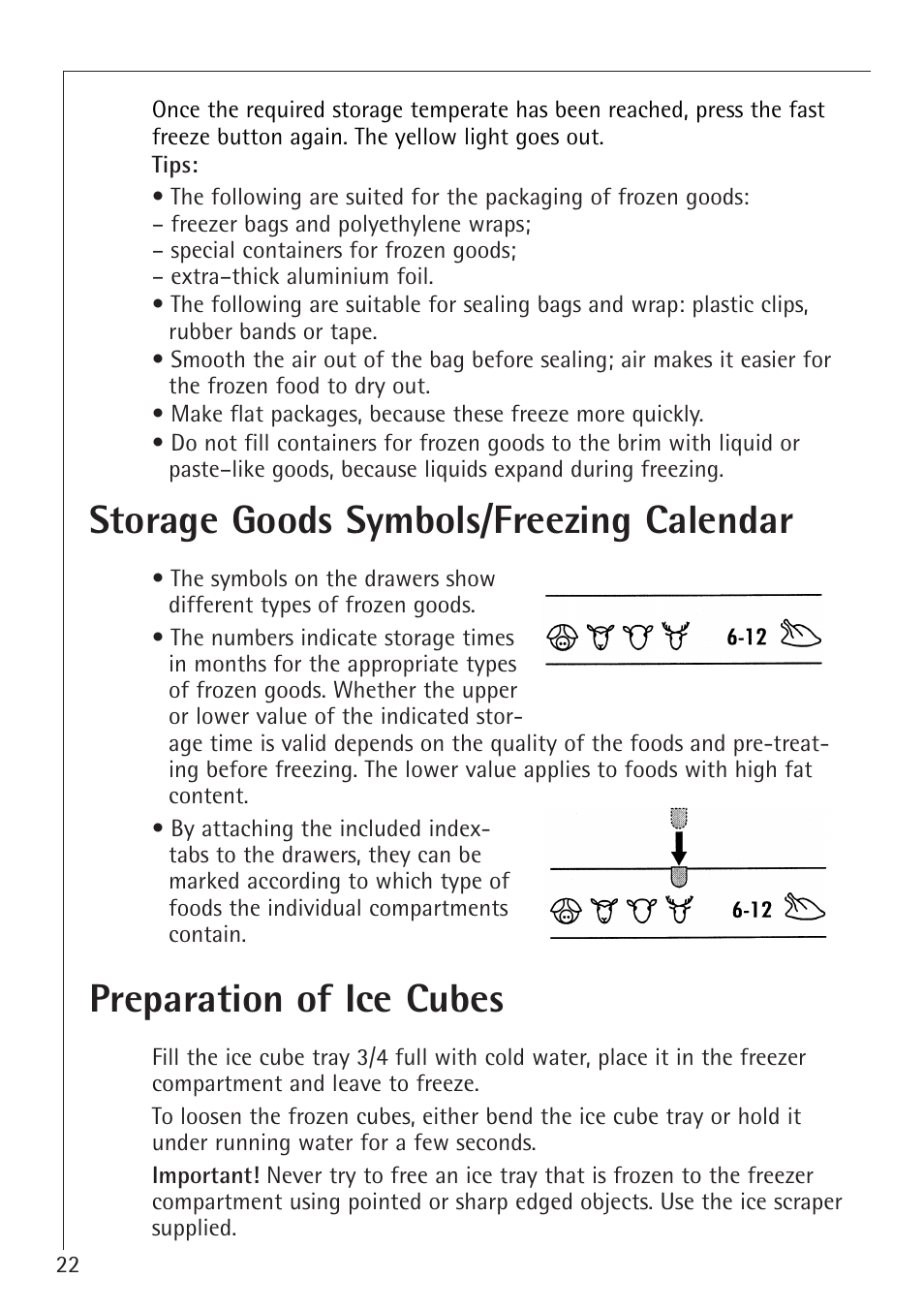 Storage goods symbols/freezing calendar, Preparation of ice cubes | Electrolux 66050i User Manual | Page 22 / 32