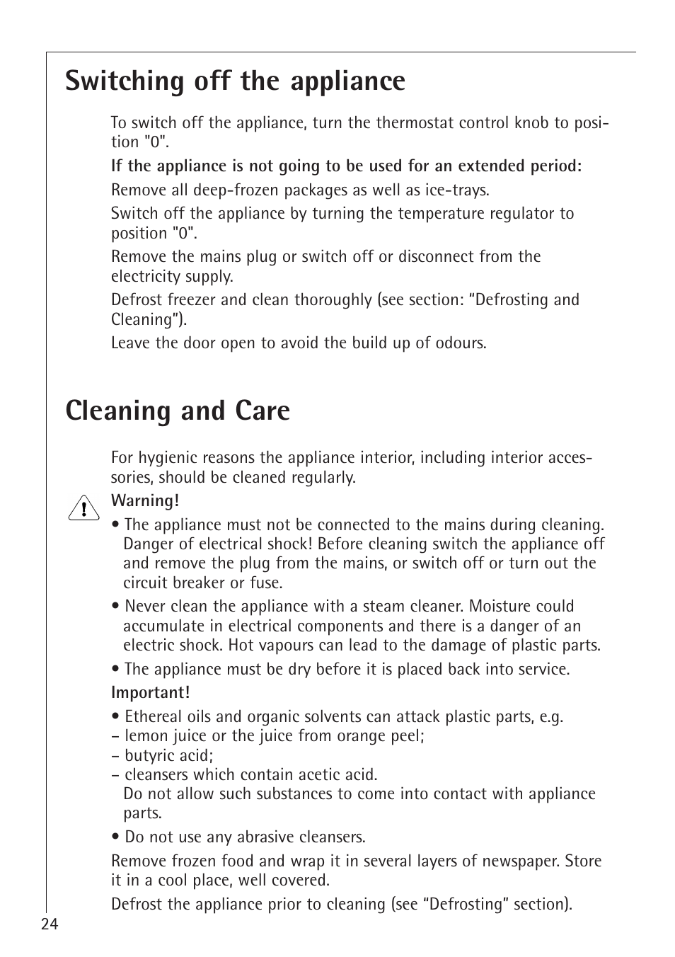 Switching off the appliance, Cleaning and care | Electrolux 66050i User Manual | Page 24 / 32