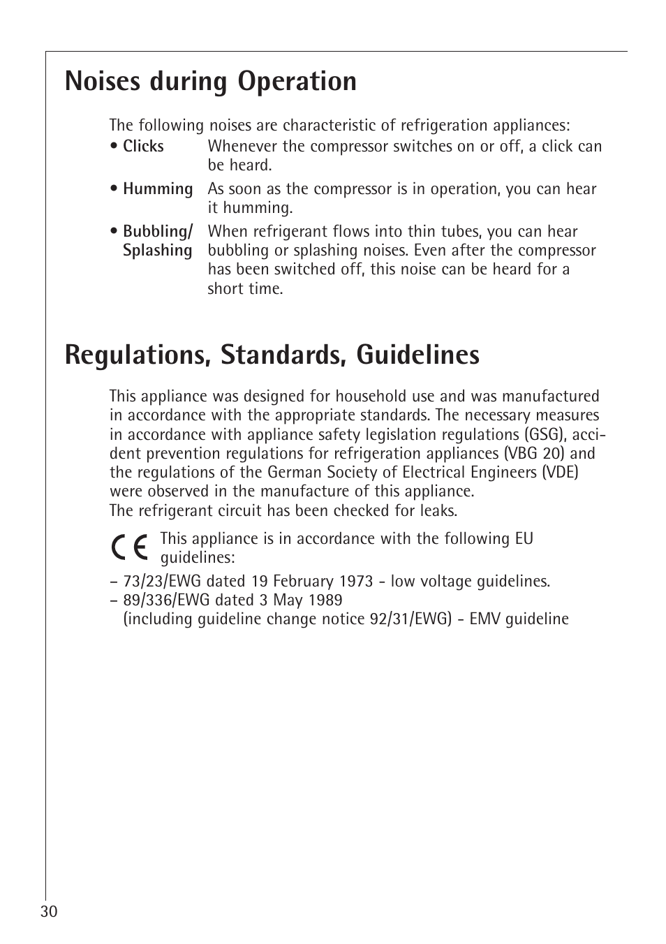 Noises during operation, Regulations, standards, guidelines | Electrolux 66050i User Manual | Page 30 / 32
