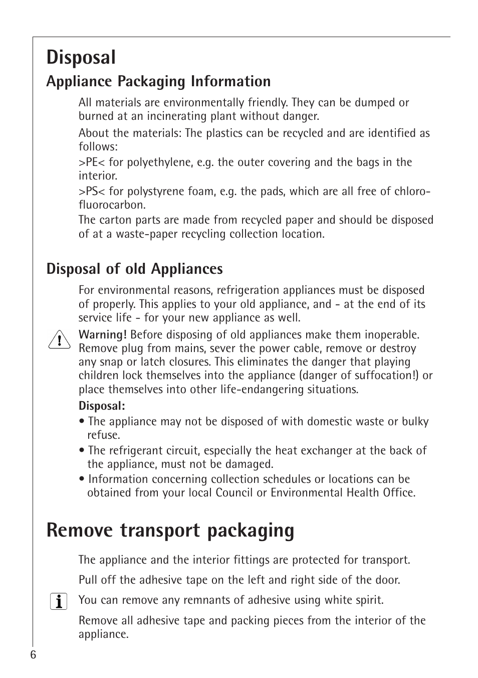 Disposal, Remove transport packaging | Electrolux 66050i User Manual | Page 6 / 32