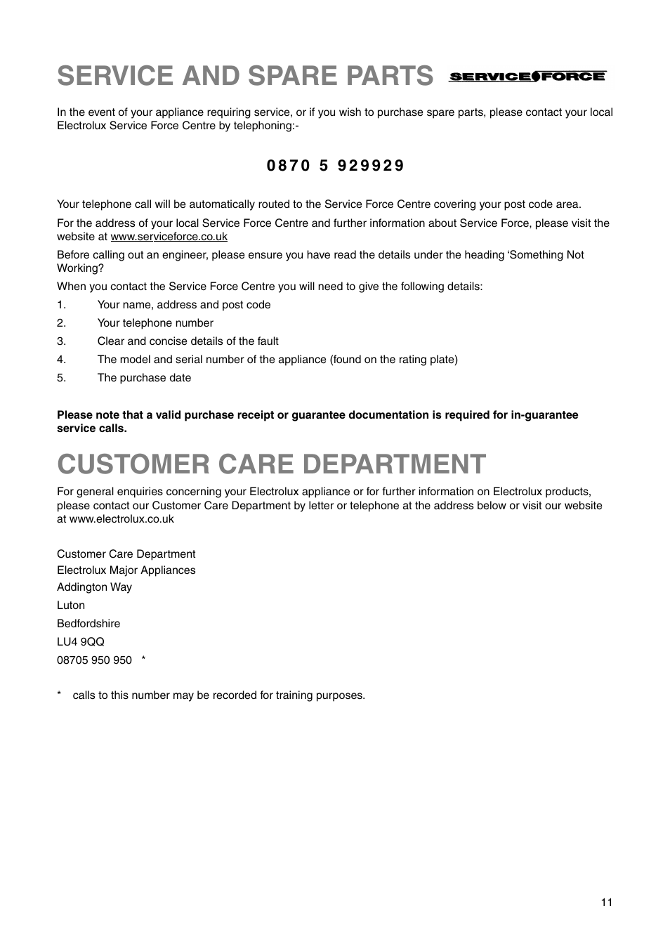 Customer care department, Service and spare parts | Electrolux ENN 28600 User Manual | Page 11 / 20