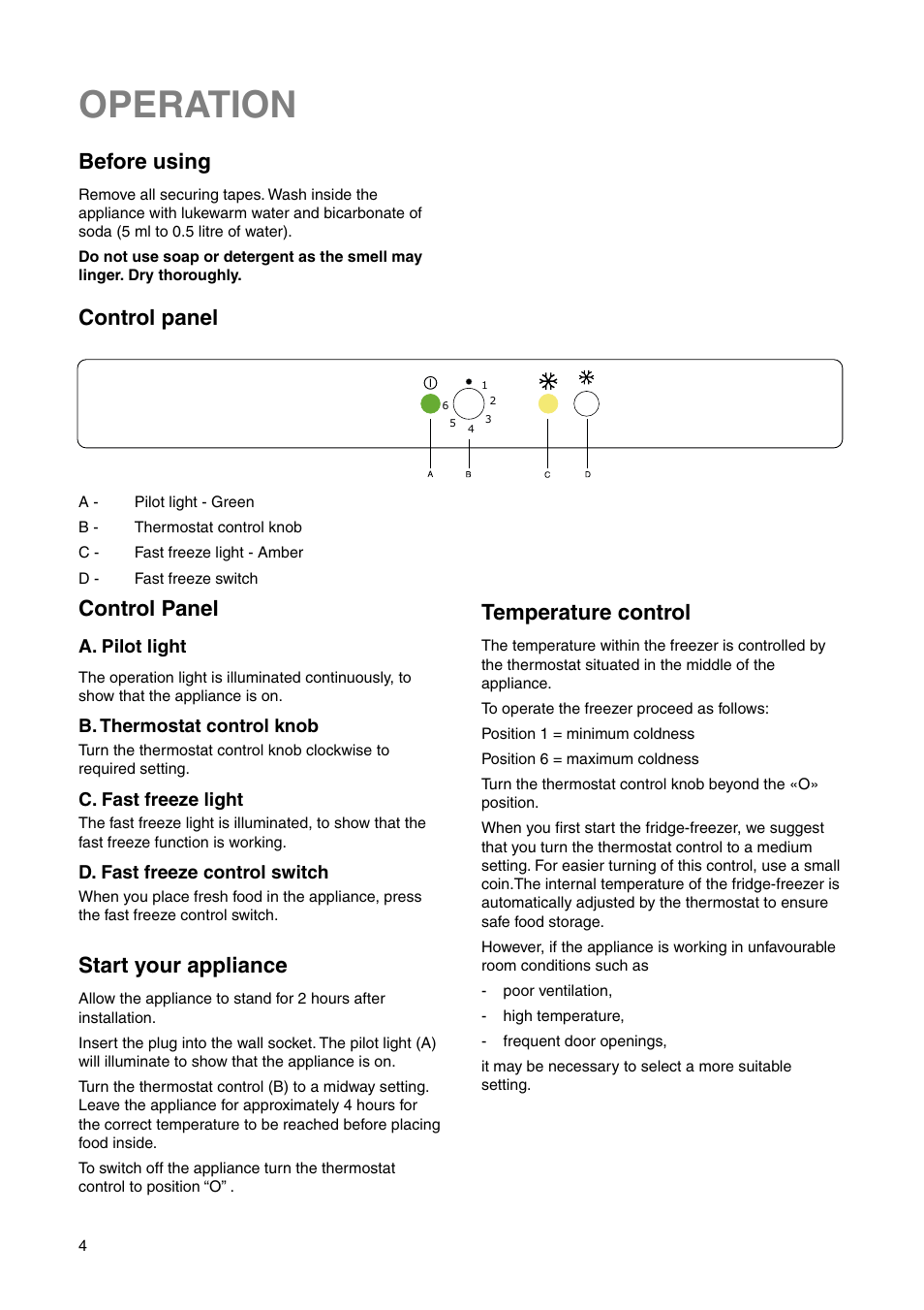 Operation, Before using, Control panel | Start your appliance, Temperature control | Electrolux ENN 28600 User Manual | Page 4 / 20