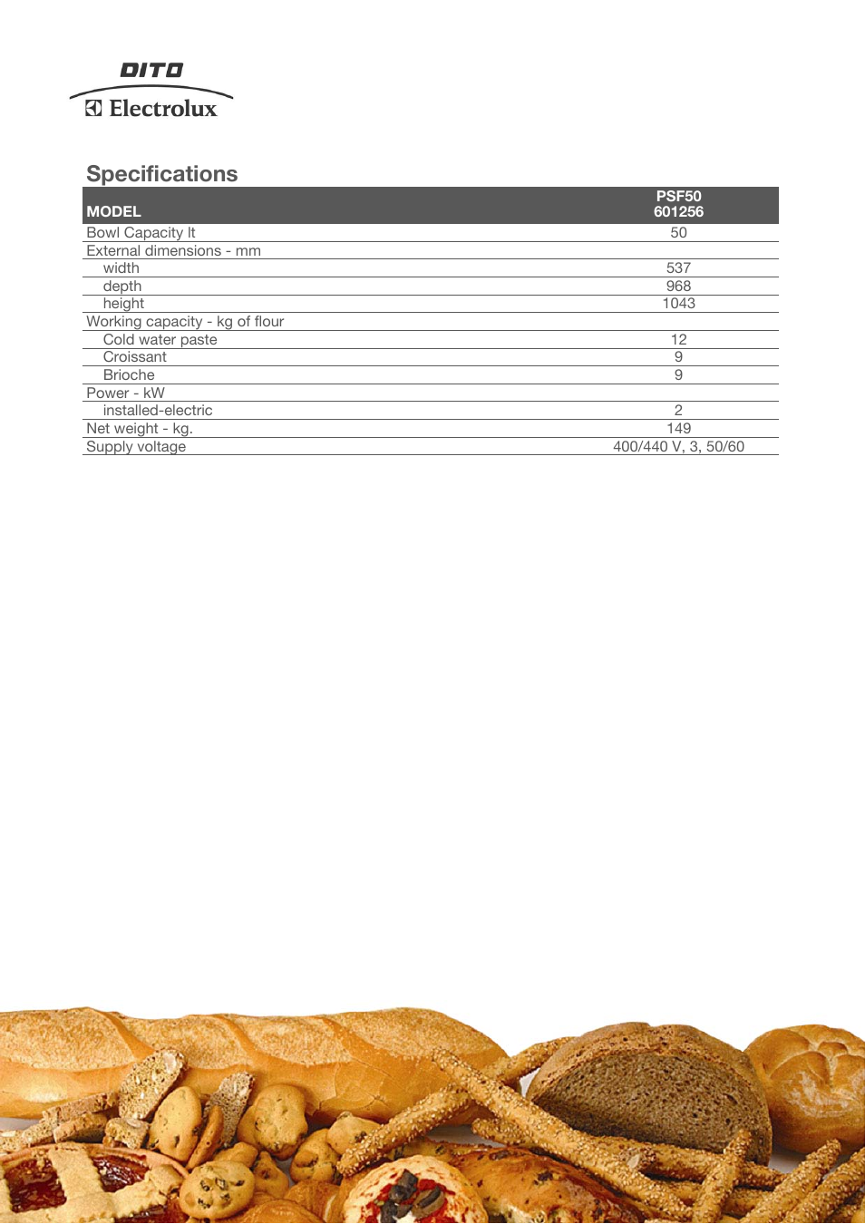 Specifications | Electrolux PSF50 User Manual | Page 2 / 3