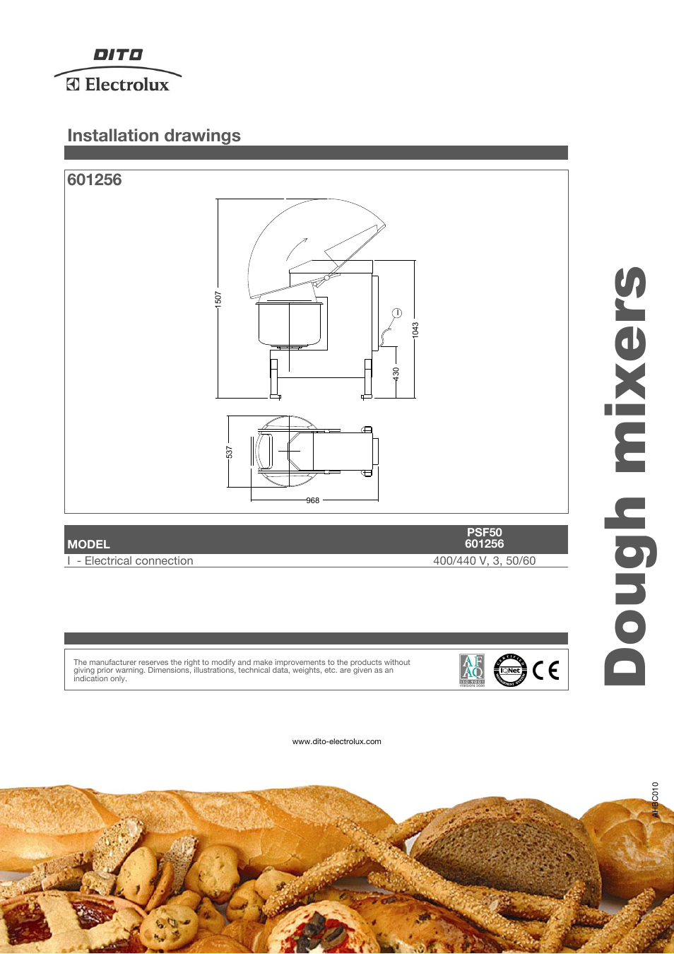 Dough mixers, Installation drawings | Electrolux PSF50 User Manual | Page 3 / 3