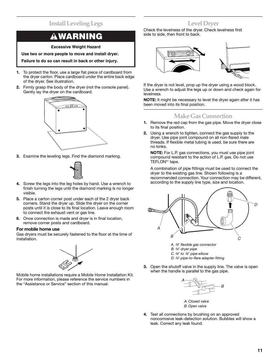 Warning, Install leveling legs, Level dryer | Make gas connection | Electrolux FKGHS01P User Manual | Page 11 / 68