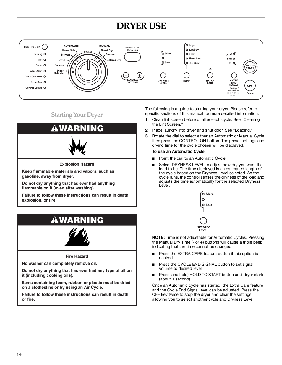 Dryer use, Warning, Starting your dryer | Electrolux FKGHS01P User Manual | Page 14 / 68