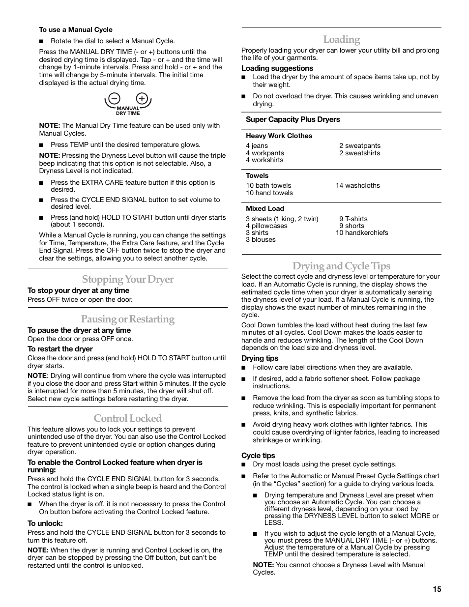 Stopping your dryer, Pausing or restarting, Control locked | Loading, Drying and cycle tips | Electrolux FKGHS01P User Manual | Page 15 / 68