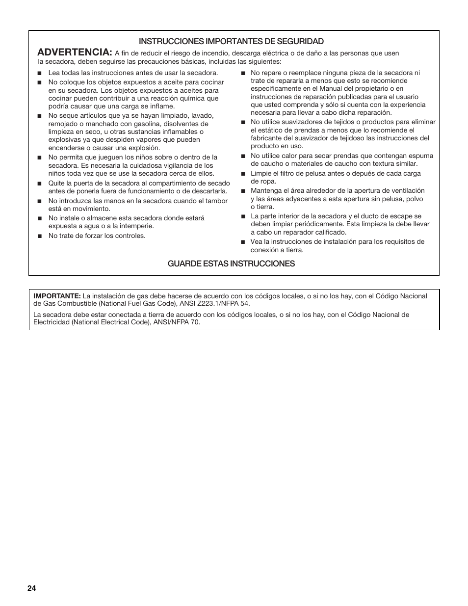 Advertencia, Instrucciones importantes de seguridad, Guarde estas instrucciones | Electrolux FKGHS01P User Manual | Page 24 / 68