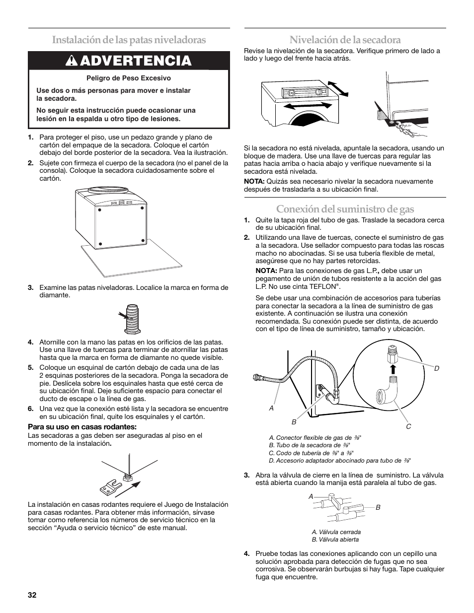 Advertencia, Instalación de las patas niveladoras, Nivelación de la secadora | Conexión del suministro de gas | Electrolux FKGHS01P User Manual | Page 32 / 68