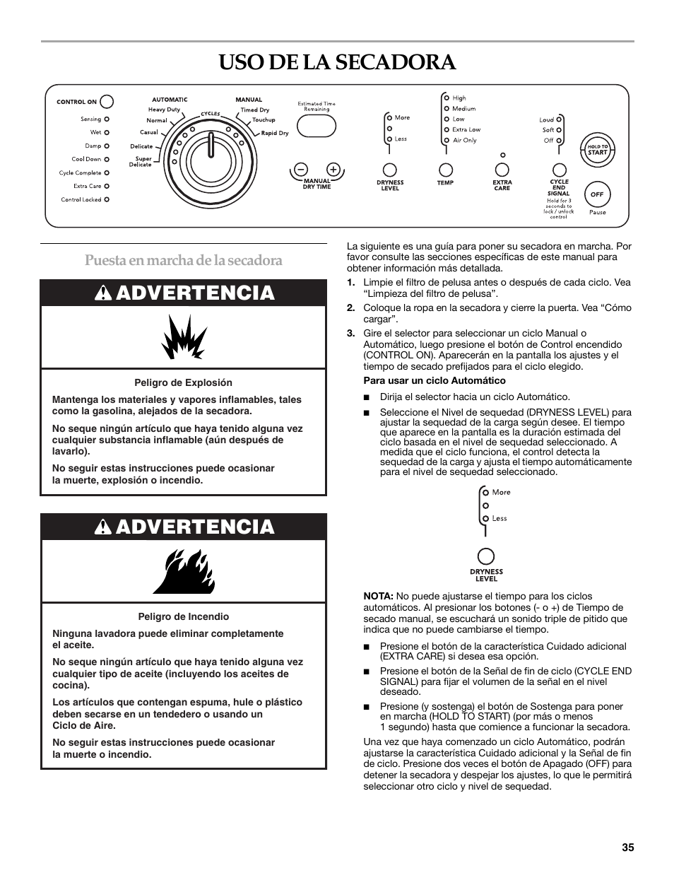 Uso de la secadora, Advertencia, Puesta en marcha de la secadora | Electrolux FKGHS01P User Manual | Page 35 / 68