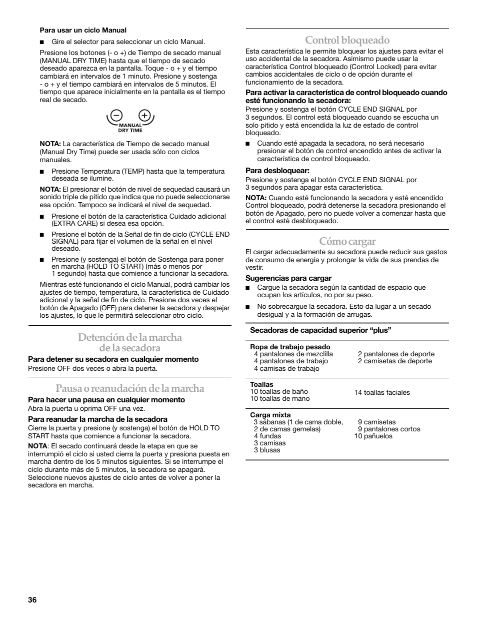 Detención de la marcha de la secadora, Pausa o reanudación de la marcha, Control bloqueado | Cómo cargar | Electrolux FKGHS01P User Manual | Page 36 / 68