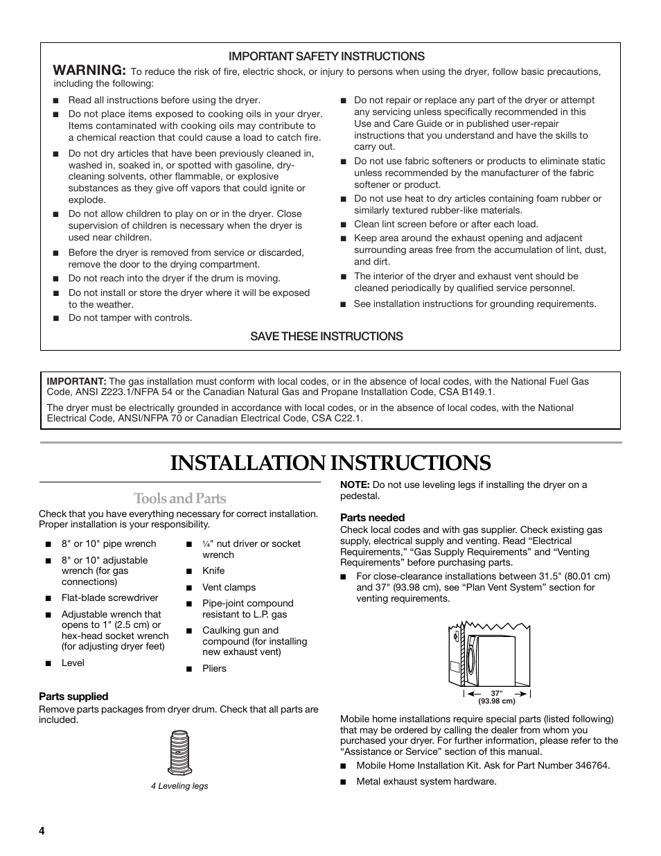 Installation instructions, Tools and parts, Warning | Important safety instructions, Save these instructions | Electrolux FKGHS01P User Manual | Page 4 / 68