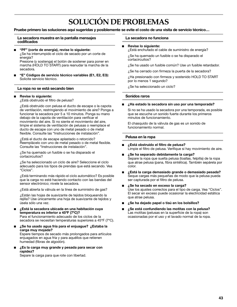 Solución de problemas | Electrolux FKGHS01P User Manual | Page 43 / 68