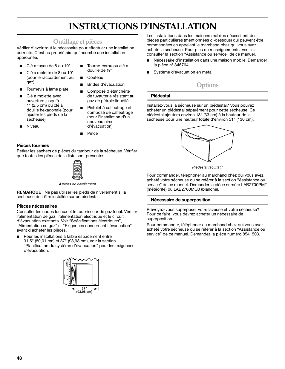 Instructions d’installation, Outillage et pièces, Options | Electrolux FKGHS01P User Manual | Page 48 / 68