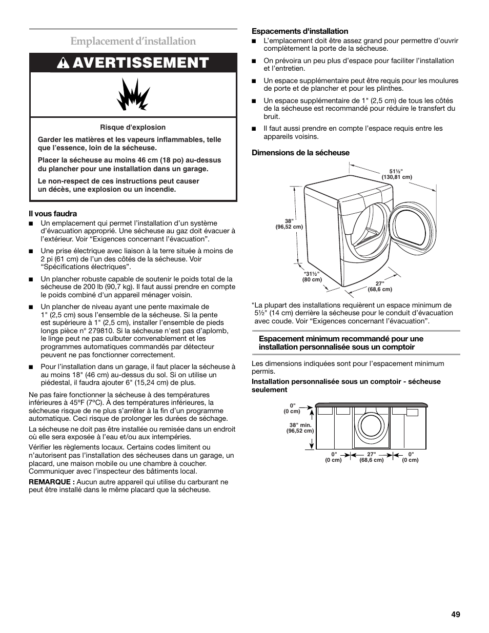 Avertissement, Emplacement d’installation | Electrolux FKGHS01P User Manual | Page 49 / 68