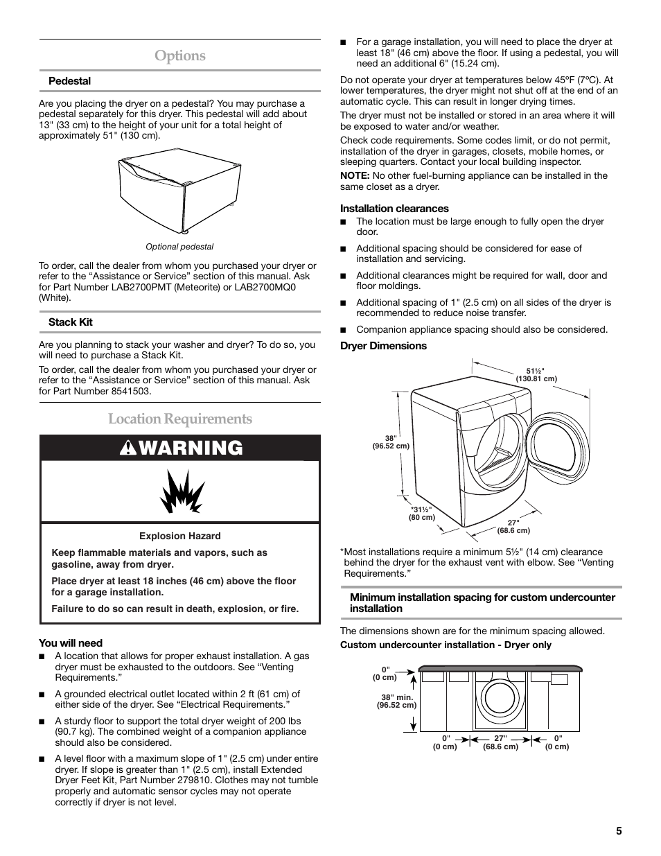 Warning, Options, Location requirements | Electrolux FKGHS01P User Manual | Page 5 / 68