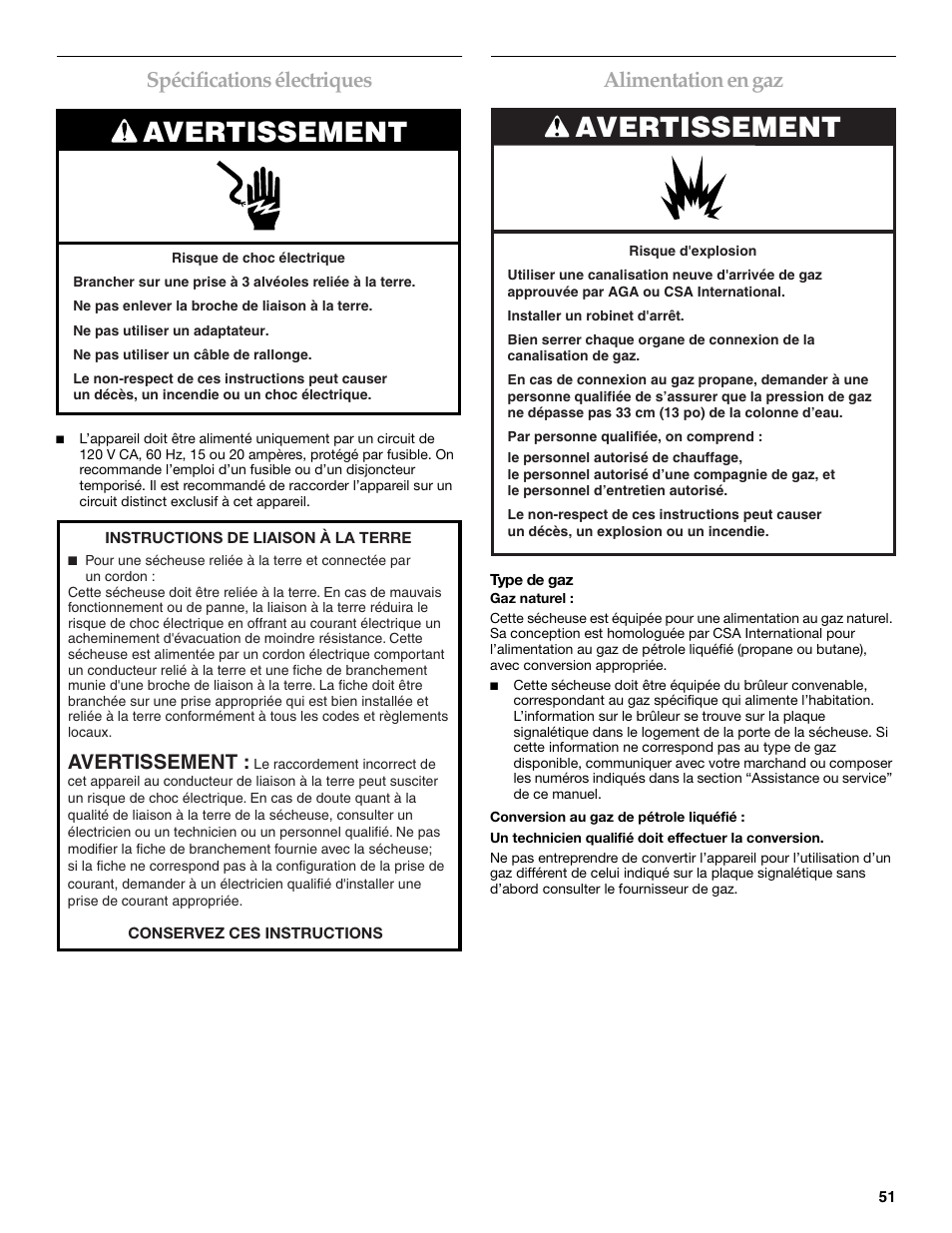 Avertissement, Spécifications électriques, Alimentation en gaz | Electrolux FKGHS01P User Manual | Page 51 / 68