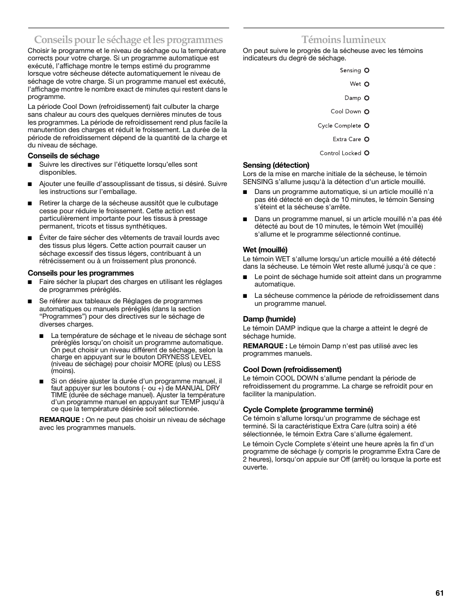 Conseils pour le séchage et les programmes, Témoins lumineux | Electrolux FKGHS01P User Manual | Page 61 / 68