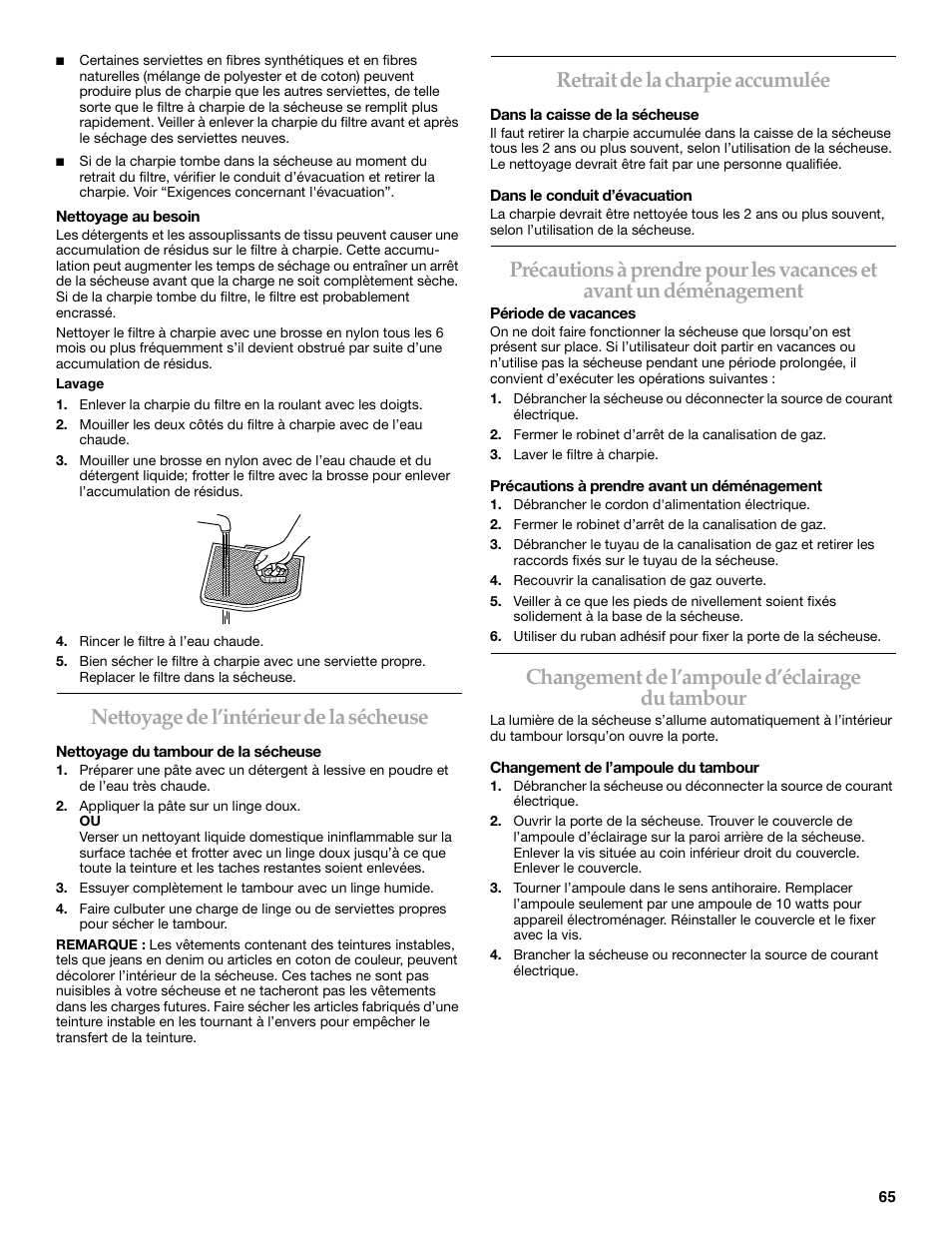 Nettoyage de l’intérieur de la sécheuse, Retrait de la charpie accumulée, Changement de l’ampoule d’éclairage du tambour | Electrolux FKGHS01P User Manual | Page 65 / 68