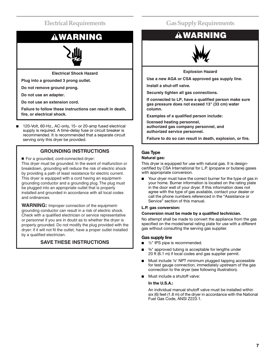 Warning, Electrical requirements, Gas supply requirements | Electrolux FKGHS01P User Manual | Page 7 / 68