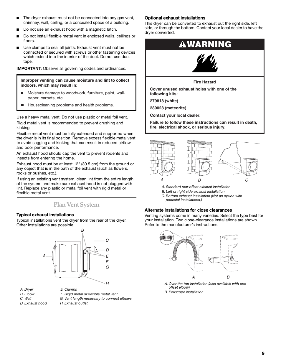 Warning, Plan vent system | Electrolux FKGHS01P User Manual | Page 9 / 68