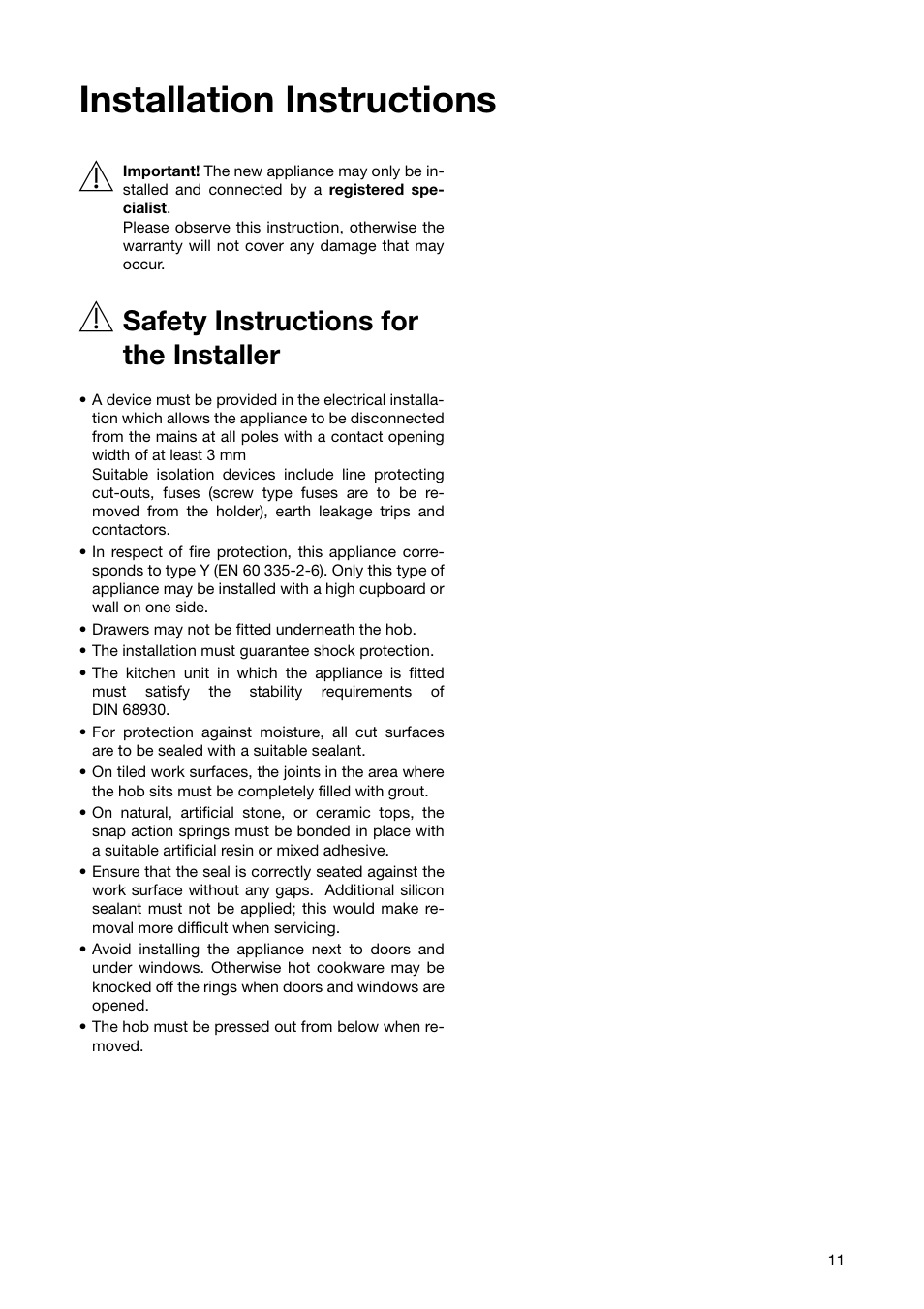 Installation instructions 1, Safety instructions for the installer | Electrolux CM 600 BLK User Manual | Page 11 / 20