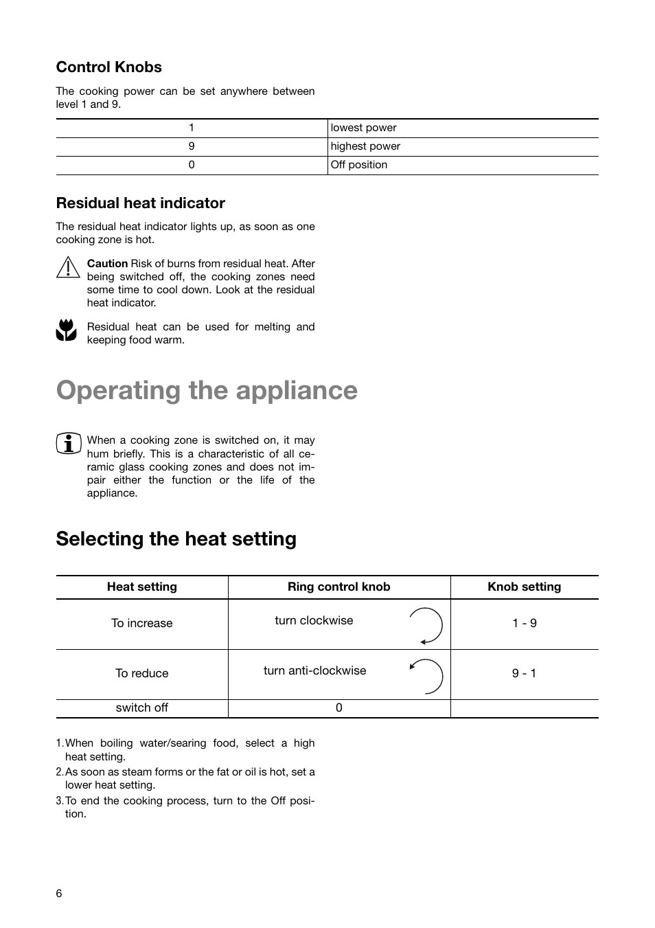 Operating the appliance 3, Selecting the heat setting, Control knobs | Residual heat indicator | Electrolux CM 600 BLK User Manual | Page 6 / 20