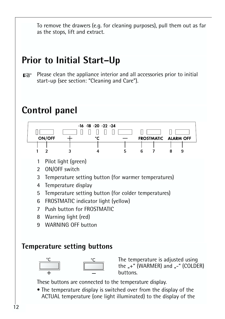 Prior to initial start–up, Control panel | Electrolux ARCTIS 70110 User Manual | Page 12 / 28