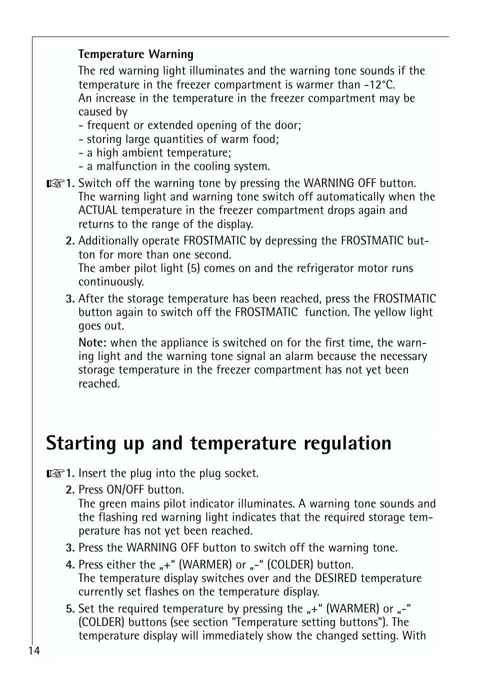 Starting up and temperature regulation | Electrolux ARCTIS 70110 User Manual | Page 14 / 28