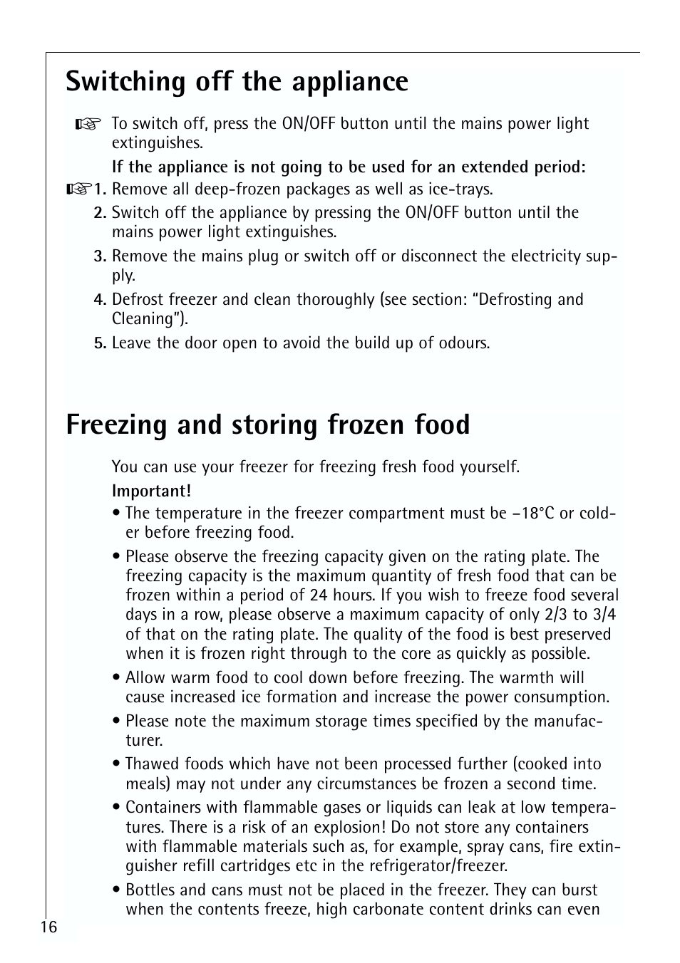 Freezing and storing frozen food, Switching off the appliance | Electrolux ARCTIS 70110 User Manual | Page 16 / 28