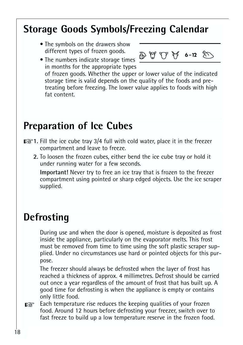 Storage goods symbols/freezing calendar, Preparation of ice cubes, Defrosting | Electrolux ARCTIS 70110 User Manual | Page 18 / 28