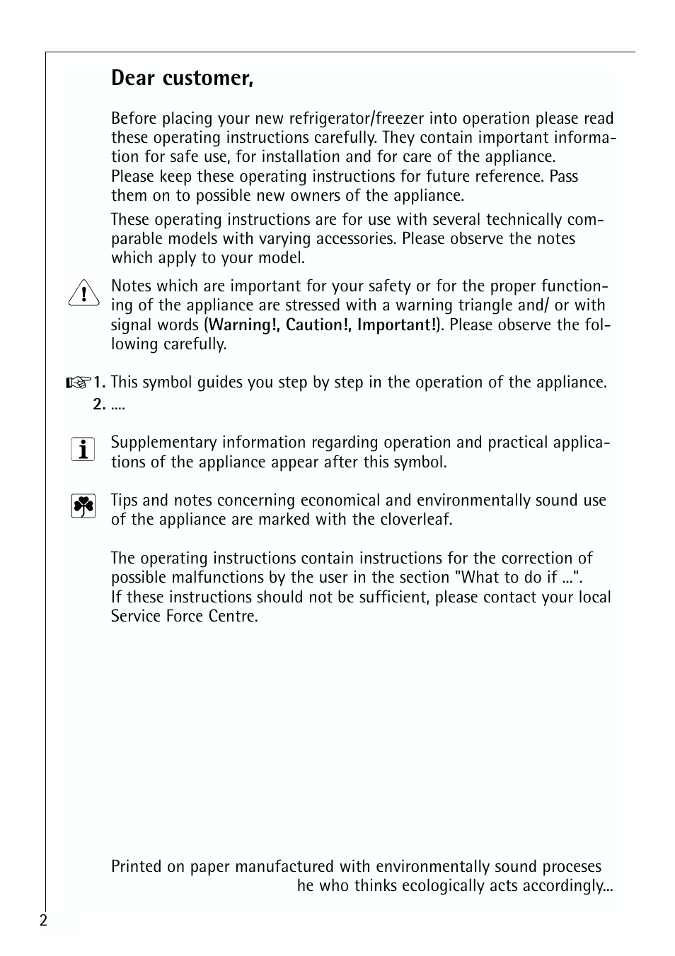 Dear customer | Electrolux ARCTIS 70110 User Manual | Page 2 / 28